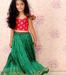 Girls Green & Red Silk Lehenga Choli with Golden Foil Print and Ruffle Sleeves