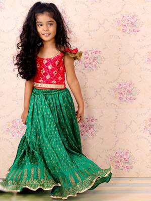Girls Green & Red Silk Lehenga Choli with Golden Foil Print and Ruffle Sleeves 3