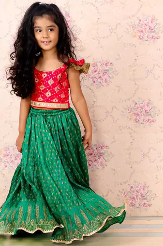 Girls Green & Red Silk Lehenga Choli with Golden Foil Print and Ruffle Sleeves