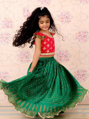 Girls Green & Red Silk Lehenga Choli with Golden Foil Print and Ruffle Sleeves 1