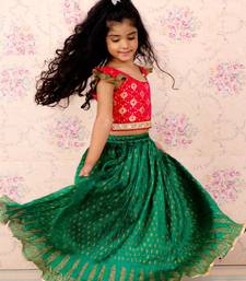 Girls Green & Red Silk Lehenga Choli with Golden Foil Print and Ruffle Sleeves