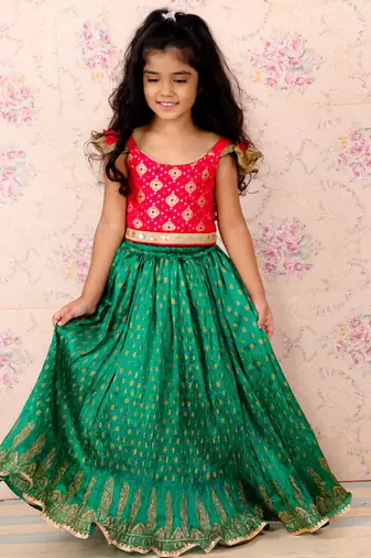 Girls Green & Red Silk Lehenga Choli with Golden Foil Print and Ruffle Sleeves