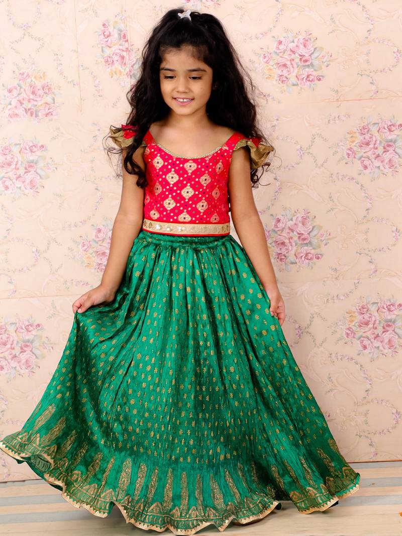 Girls Green & Red Silk Lehenga Choli with Golden Foil Print and Ruffle Sleeves