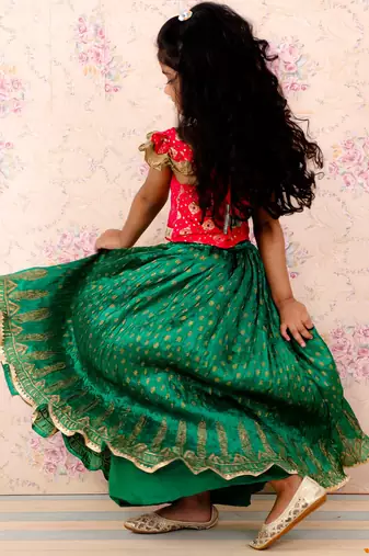Girls Green & Red Silk Lehenga Choli with Golden Foil Print and Ruffle Sleeves