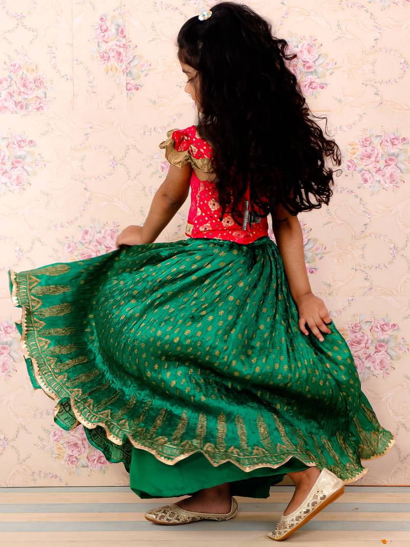 Girls Green & Red Silk Lehenga Choli with Golden Foil Print and Ruffle Sleeves
