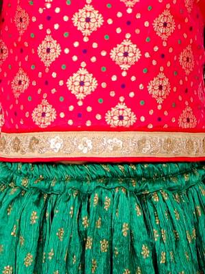 Girls Green & Red Silk Lehenga Choli with Golden Foil Print and Ruffle Sleeves 6