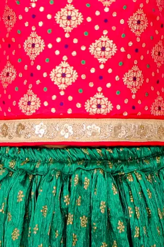 Girls Green & Red Silk Lehenga Choli with Golden Foil Print and Ruffle Sleeves
