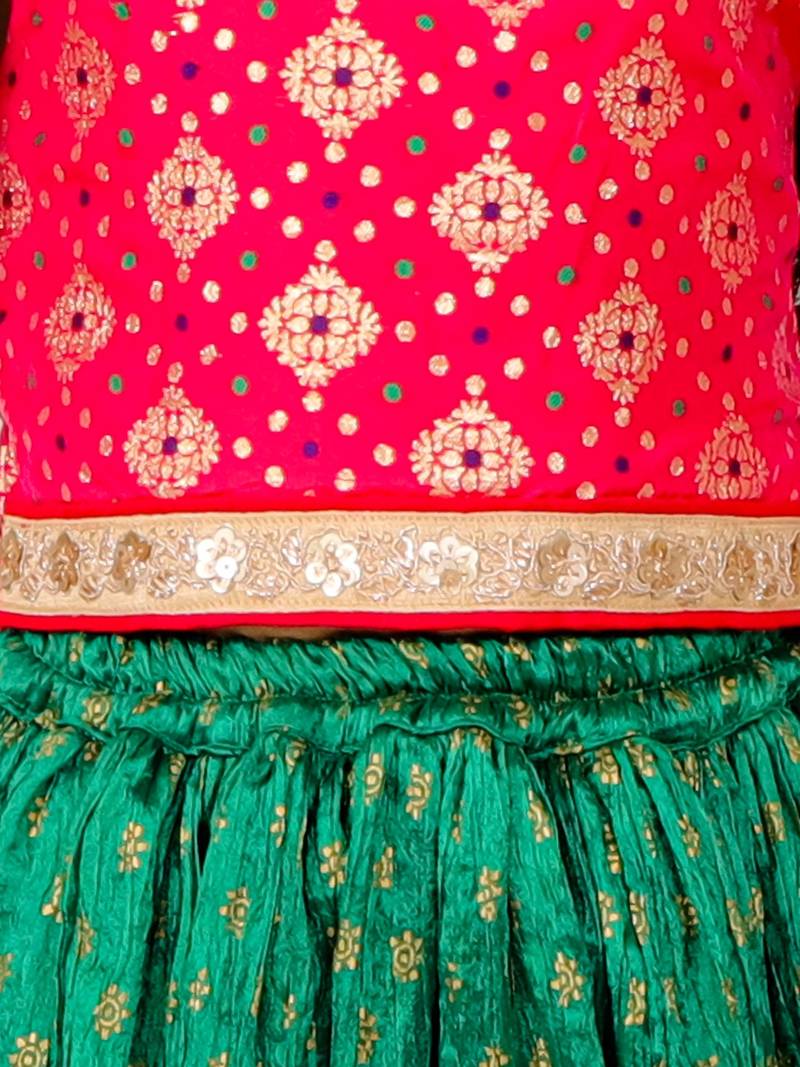 Girls Green & Red Silk Lehenga Choli with Golden Foil Print and Ruffle Sleeves