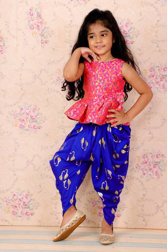 Self Design Peplum Top With Printed Dhoti Pants- Pink & Blue