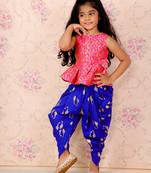 Self Design Peplum Top With Printed Dhoti Pants- Pink & Blue