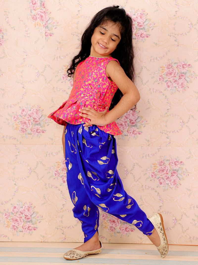 Self Design Peplum Top With Printed Dhoti Pants- Pink & Blue