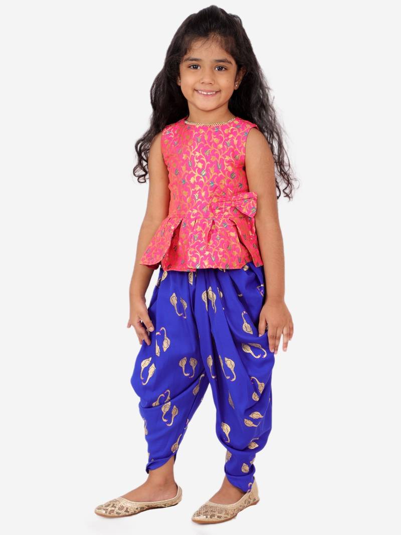 Self Design Peplum Top With Printed Dhoti Pants- Pink & Blue