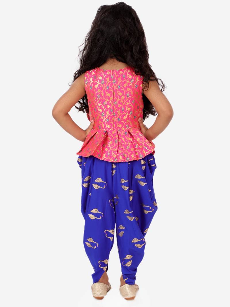 Self Design Peplum Top With Printed Dhoti Pants- Pink & Blue