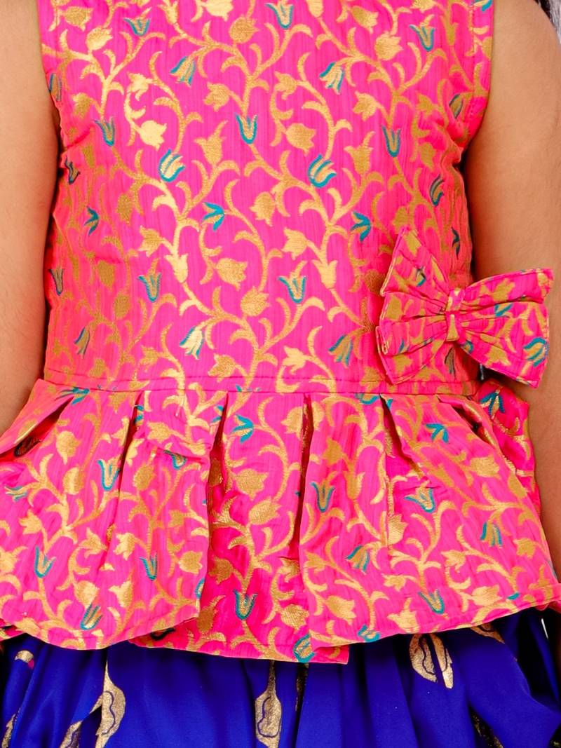 Self Design Peplum Top With Printed Dhoti Pants- Pink & Blue