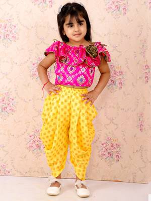 Brocade Top With Printed Dhoti Pants- Pink & Yellow 1
