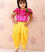 Brocade Top With Printed Dhoti Pants- Pink & Yellow