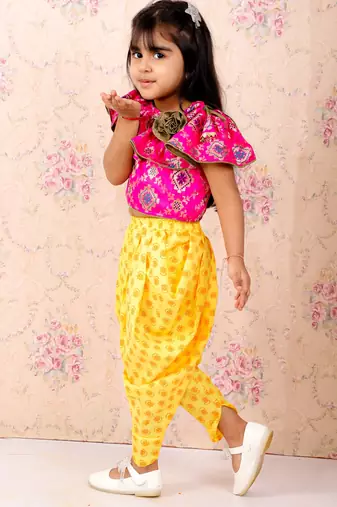 Brocade Top With Printed Dhoti Pants- Pink & Yellow