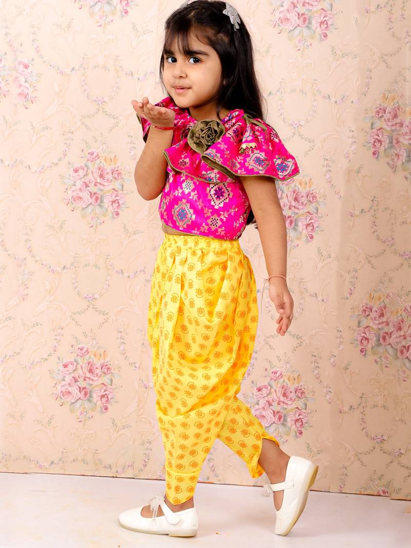 Brocade Top With Printed Dhoti Pants- Pink & Yellow