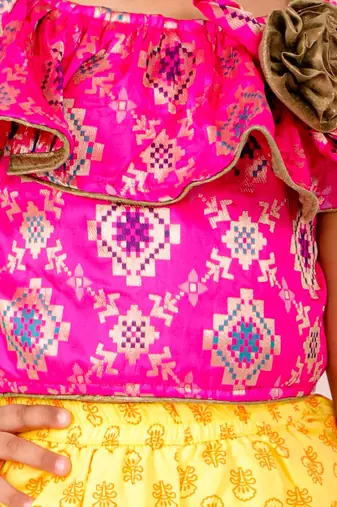 Brocade Top With Printed Dhoti Pants- Pink & Yellow