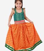 Brocade Choli With Whale Printed Ghagra- Green & Orange