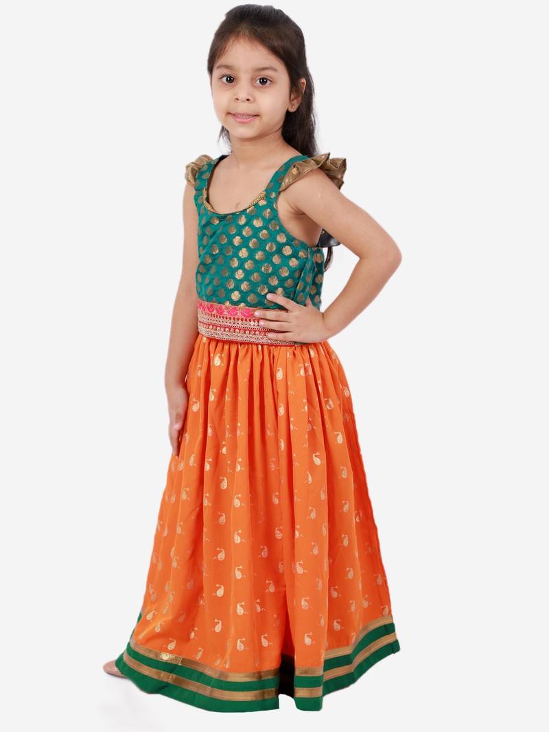 Brocade Choli With Whale Printed Ghagra- Green & Orange