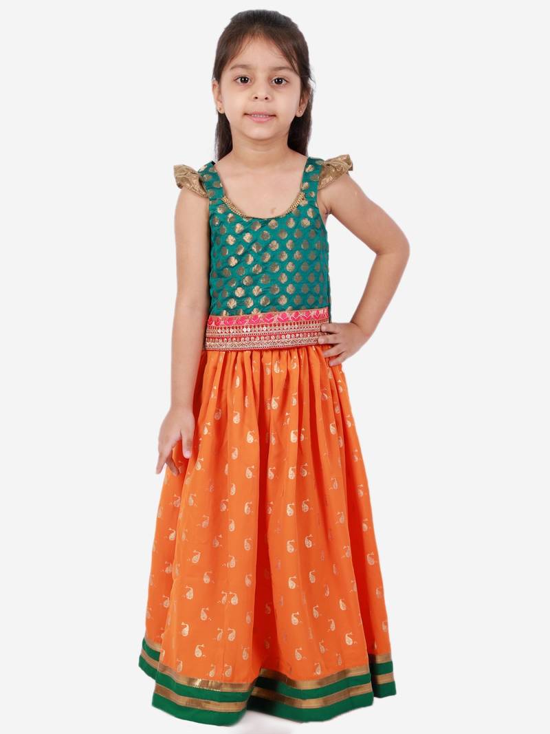 Brocade Choli With Whale Printed Ghagra- Green & Orange
