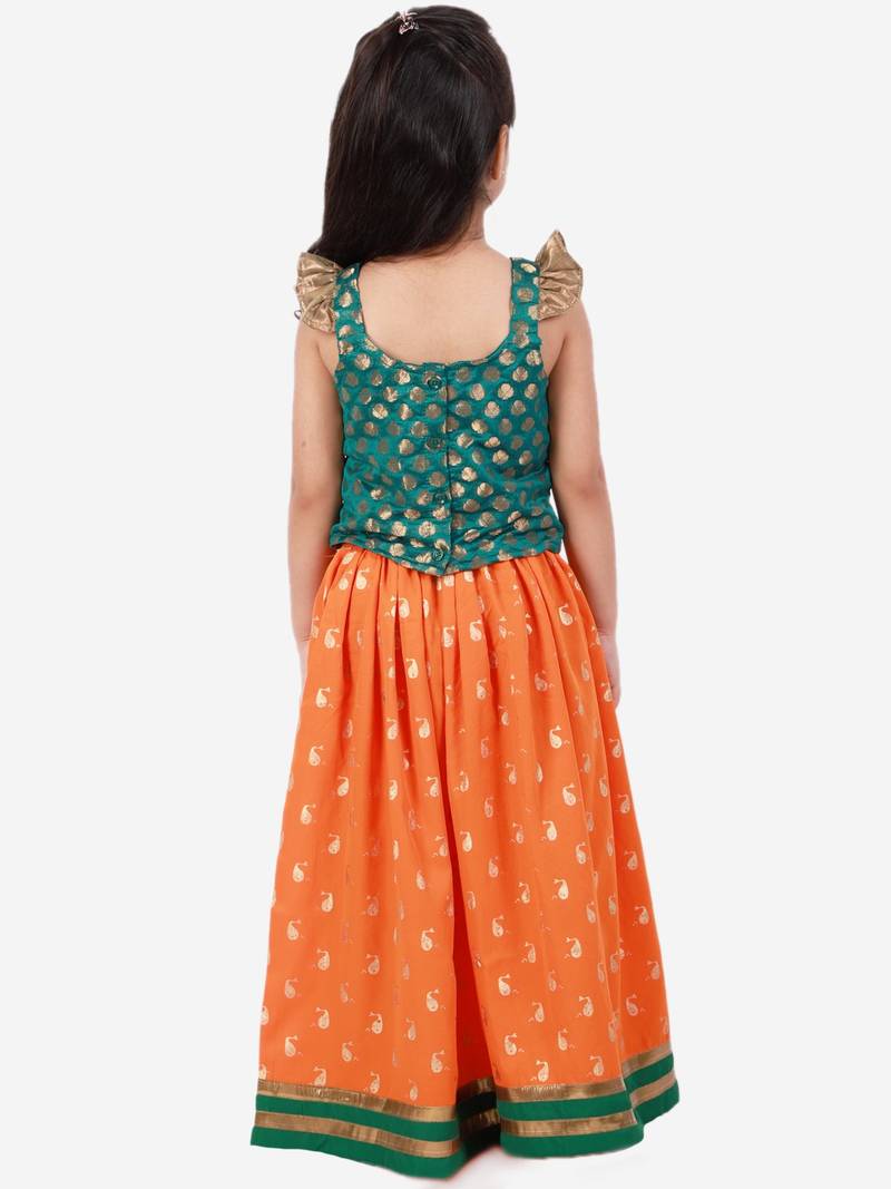 Brocade Choli With Whale Printed Ghagra- Green & Orange