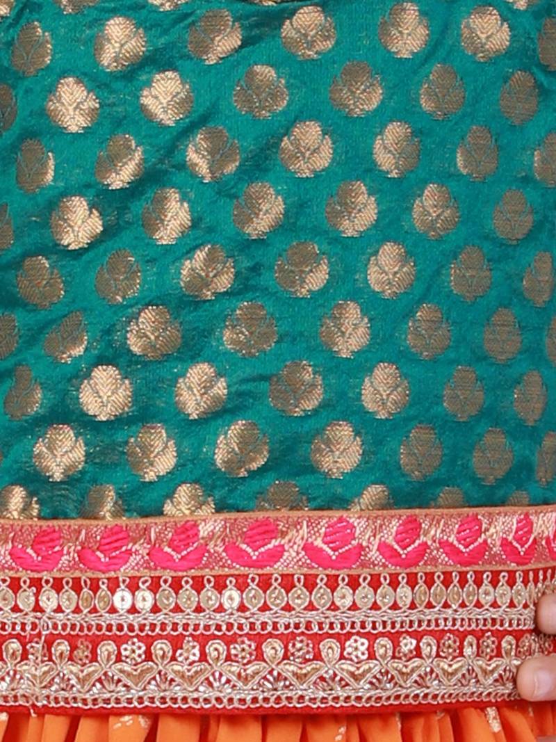 Brocade Choli With Whale Printed Ghagra- Green & Orange