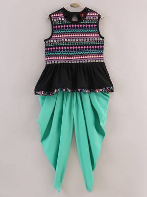 Printed Knit Top With Dhoti Pants- Black 1