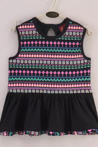 Printed Knit Top With Dhoti Pants- Black