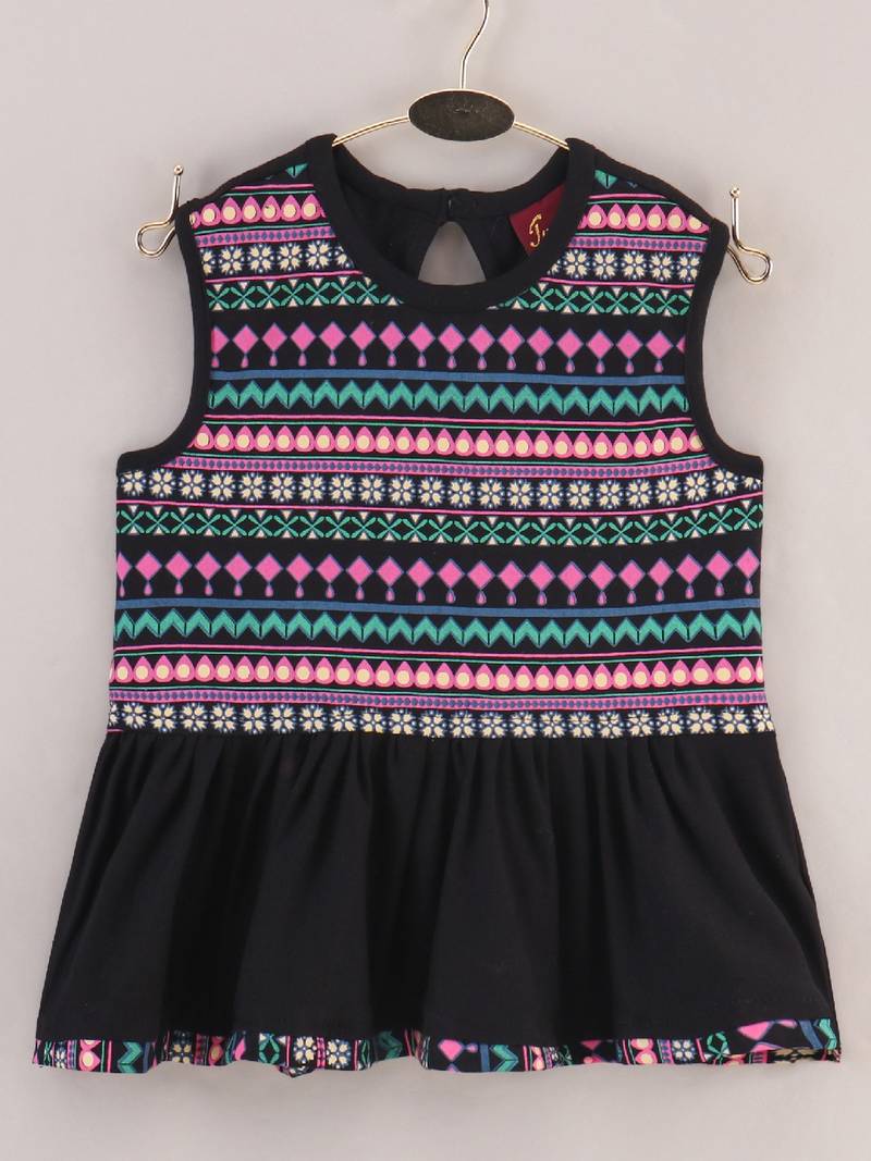 Printed Knit Top With Dhoti Pants- Black