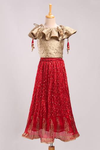 Brocade Choli With Crush Ghaghra- Gold & Red