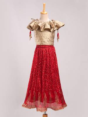 Brocade Choli With Crush Ghaghra- Gold & Red 1