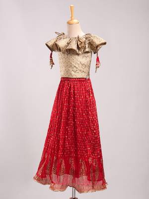 Brocade Choli With Crush Ghaghra- Gold & Red 2