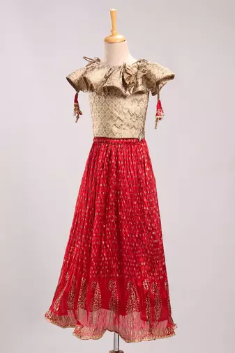 Brocade Choli With Crush Ghaghra- Gold & Red