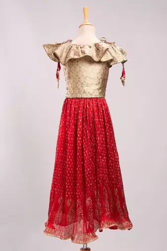 Brocade Choli With Crush Ghaghra- Gold & Red