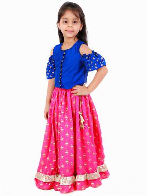 Cold Shoulder Choli With Printed Ghagra- Blue & Pink 1