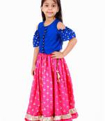 Cold Shoulder Choli With Printed Ghagra- Blue & Pink