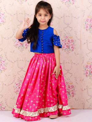 Cold Shoulder Choli With Printed Ghagra- Blue & Pink 2