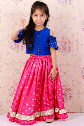 Cold Shoulder Choli With Printed Ghagra- Blue & Pink
