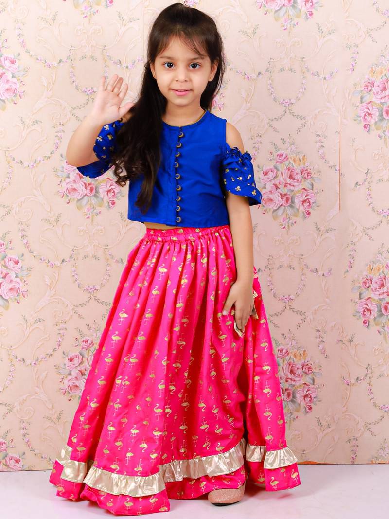 Cold Shoulder Choli With Printed Ghagra- Blue & Pink