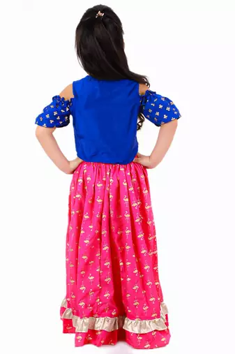Cold Shoulder Choli With Printed Ghagra- Blue & Pink