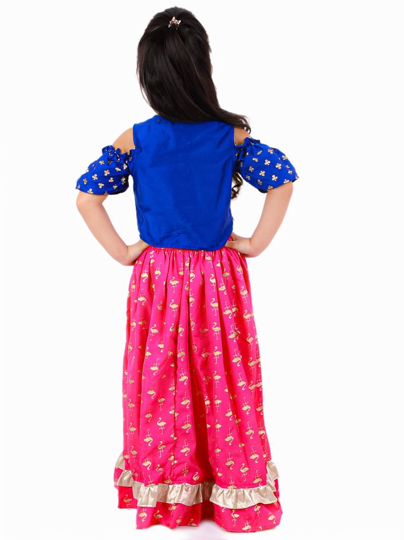 Cold Shoulder Choli With Printed Ghagra- Blue & Pink