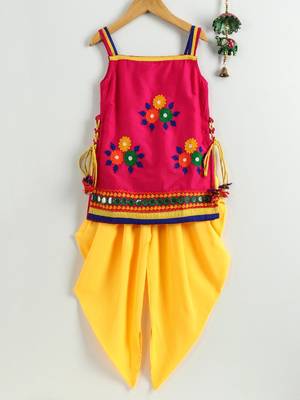 girls pink embroidered kurta with yellow dhoti 2