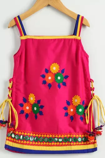 girls pink embroidered kurta with yellow dhoti