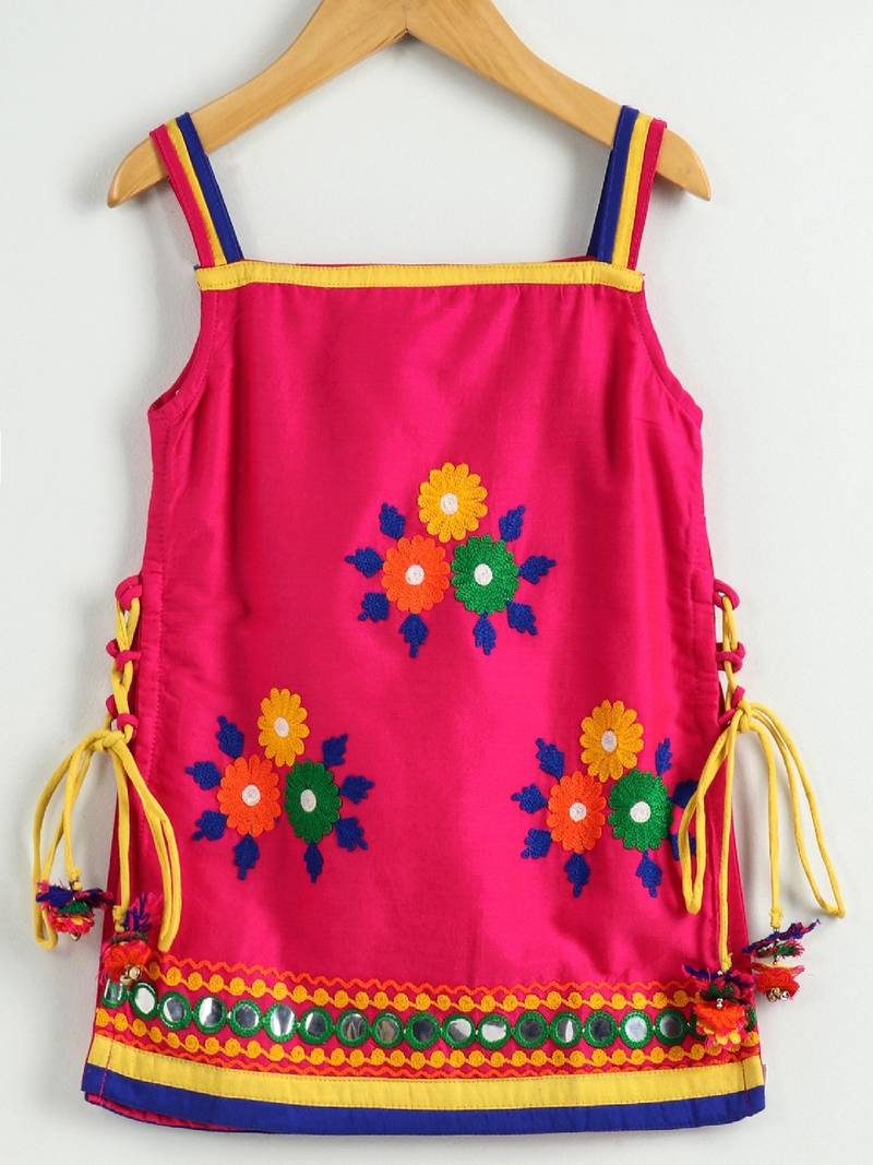 girls pink embroidered kurta with yellow dhoti