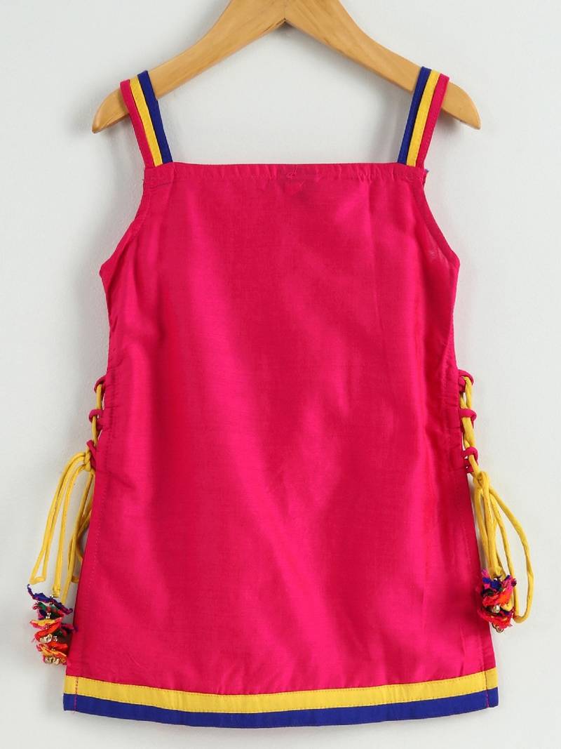 girls pink embroidered kurta with yellow dhoti