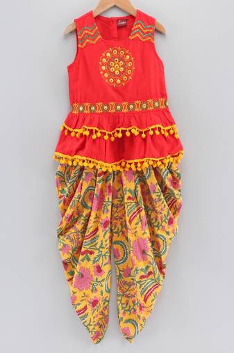 Embroidered Top With Printed Dhoti Pants- Red & Yellow