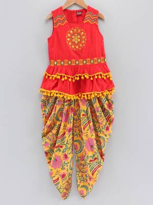 Embroidered Top With Printed Dhoti Pants- Red & Yellow 1