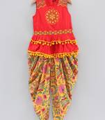 Embroidered Top With Printed Dhoti Pants- Red & Yellow